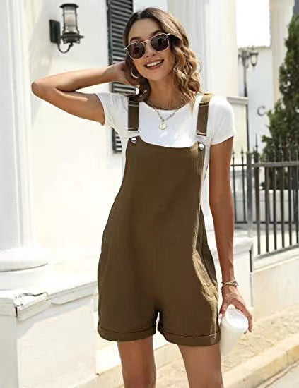 Cotton And Linen Casual Four Seasons Bib Suspender One-piece Shorts