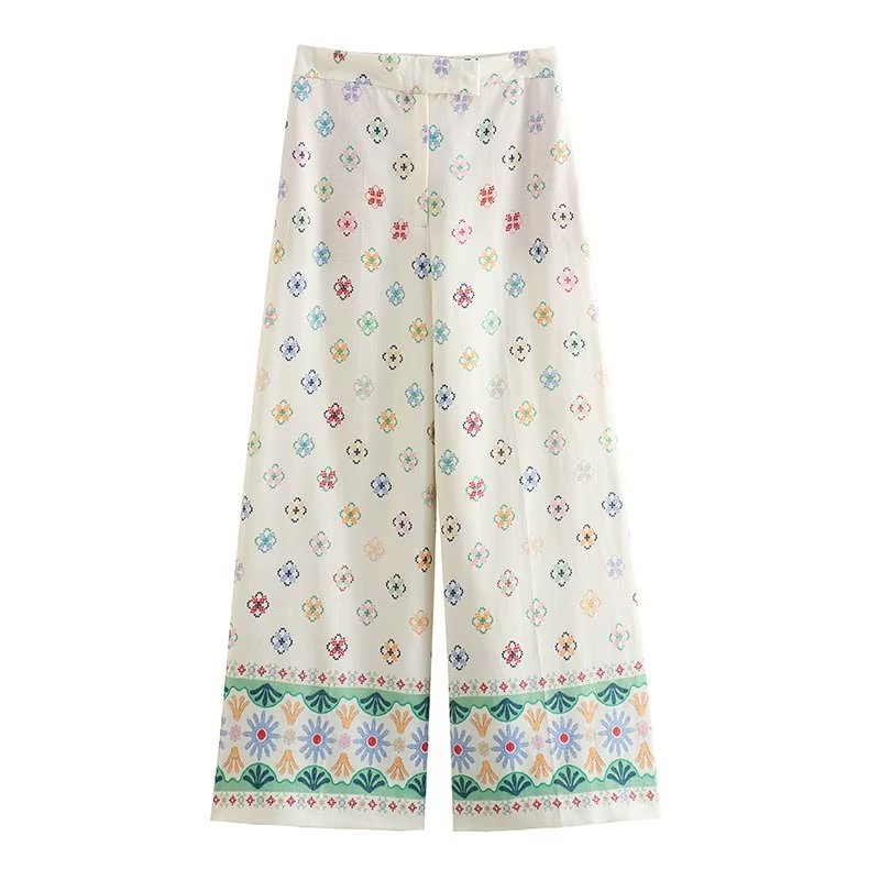High Waist Vacation Style Printed Linen Loose Wide Leg Pants