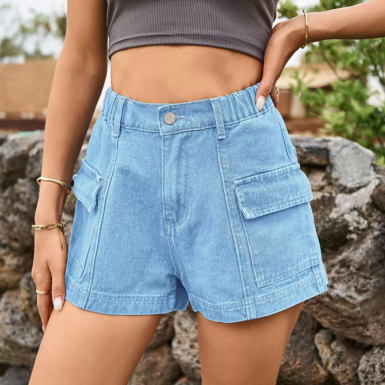 Women's Fashion Solid Color Denim Cargo Pants Shorts