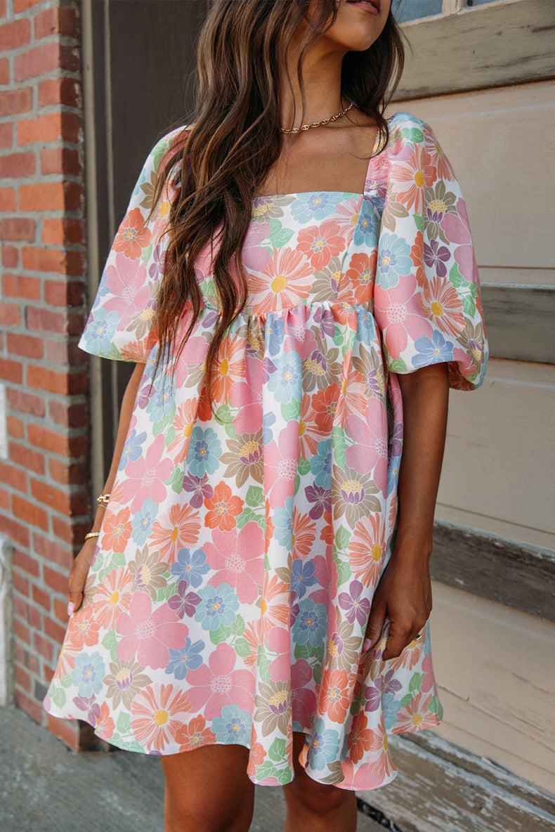 Summer New Floral Print Backless Short Sleeve Dress Women