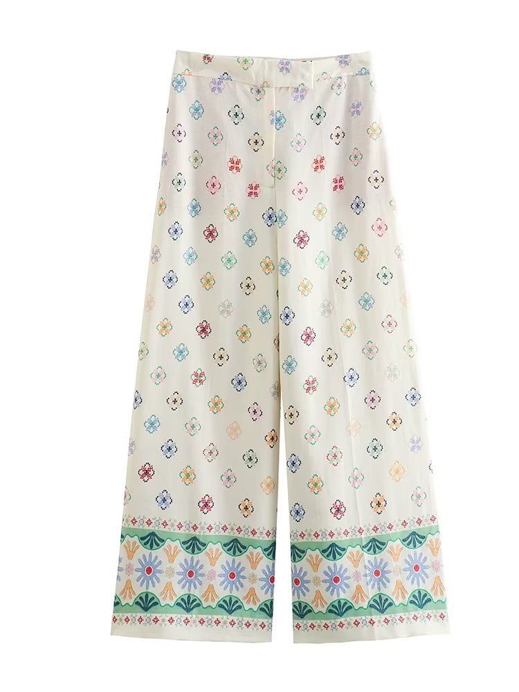 High Waist Vacation Style Printed Linen Loose Wide Leg Pants