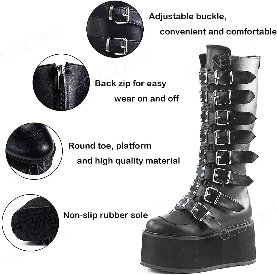 Womens Chunky Platform Knee High Boots High Heel Round-Toe Zip Punk Goth Mid Calf Combat Boots for Women